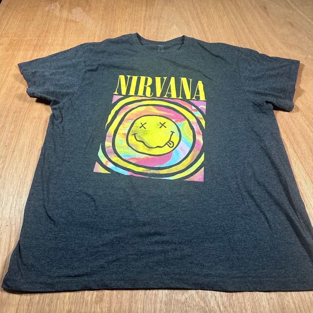 Nirvana Graphic T-Shirt Men 2XL Charcoal Tie Dye Smiley Face Grunge Band Tee